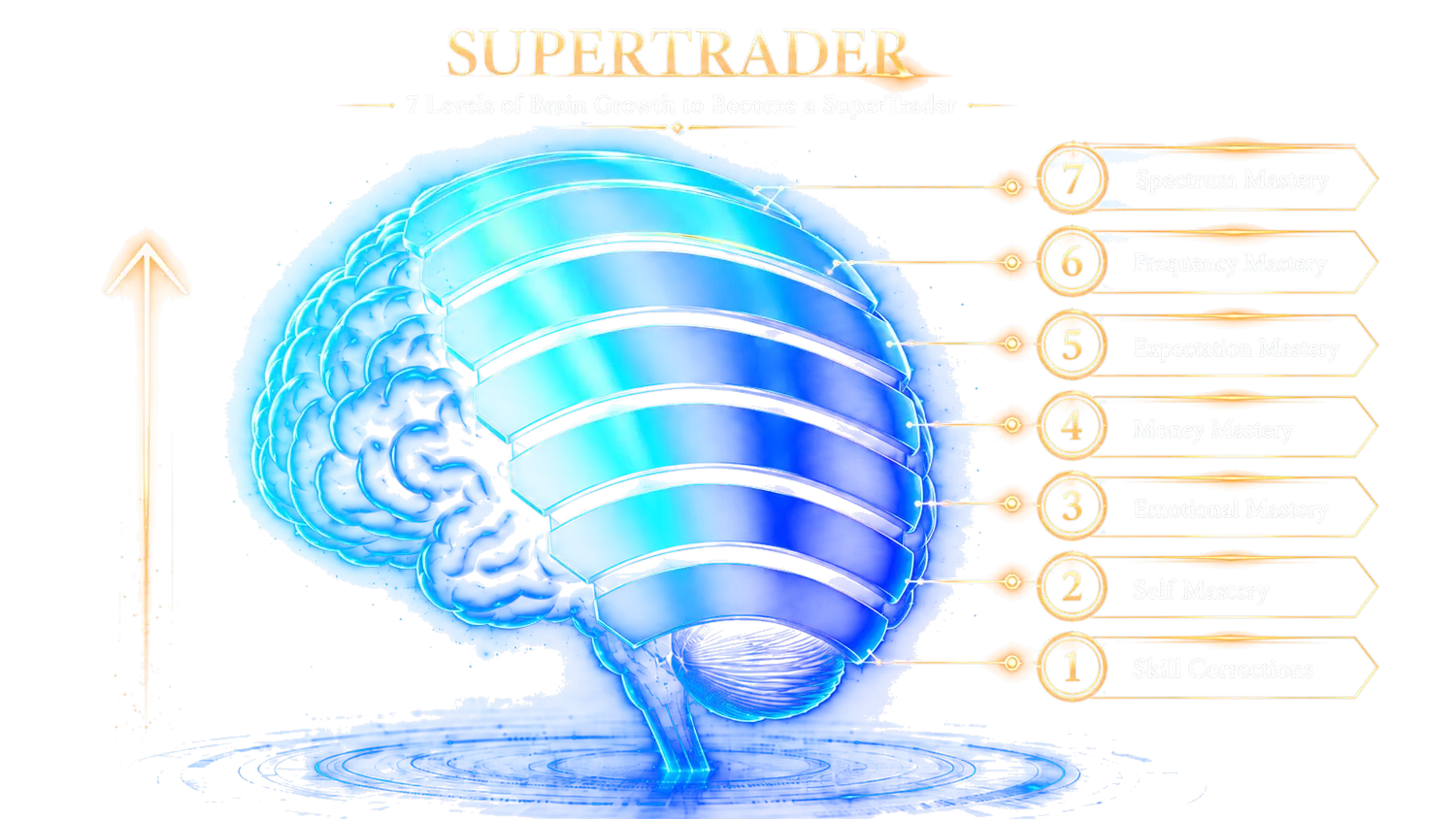 The 7 Levels of Brain Growth to Become a SuperTrader: 1 Skill Corrections, 2 Self-Mastery, 3 Emotional Mastery, 4 Money Mastery, 5 Expectation Mastery, 6 Frequency Mastery, 7 Spectrum Mastery